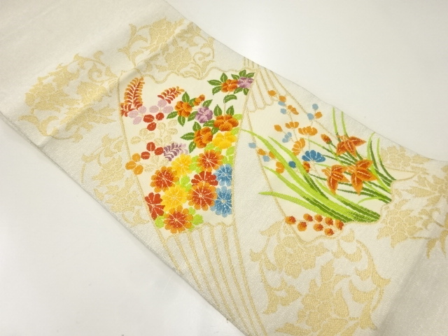 扇面に草花模様織出し名古屋帯